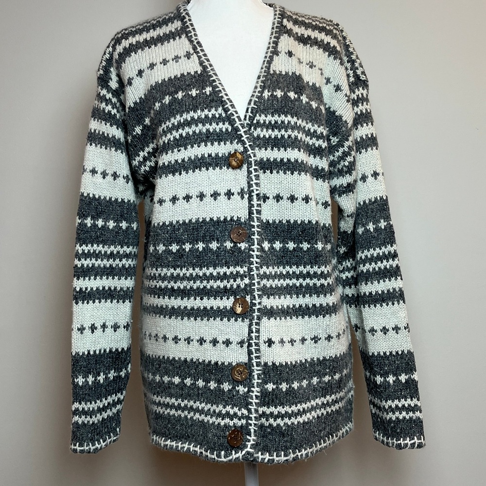 Vintage Climax By Sacha Silk Angora Fair Isle Cardigan Sweater Gray White Medium